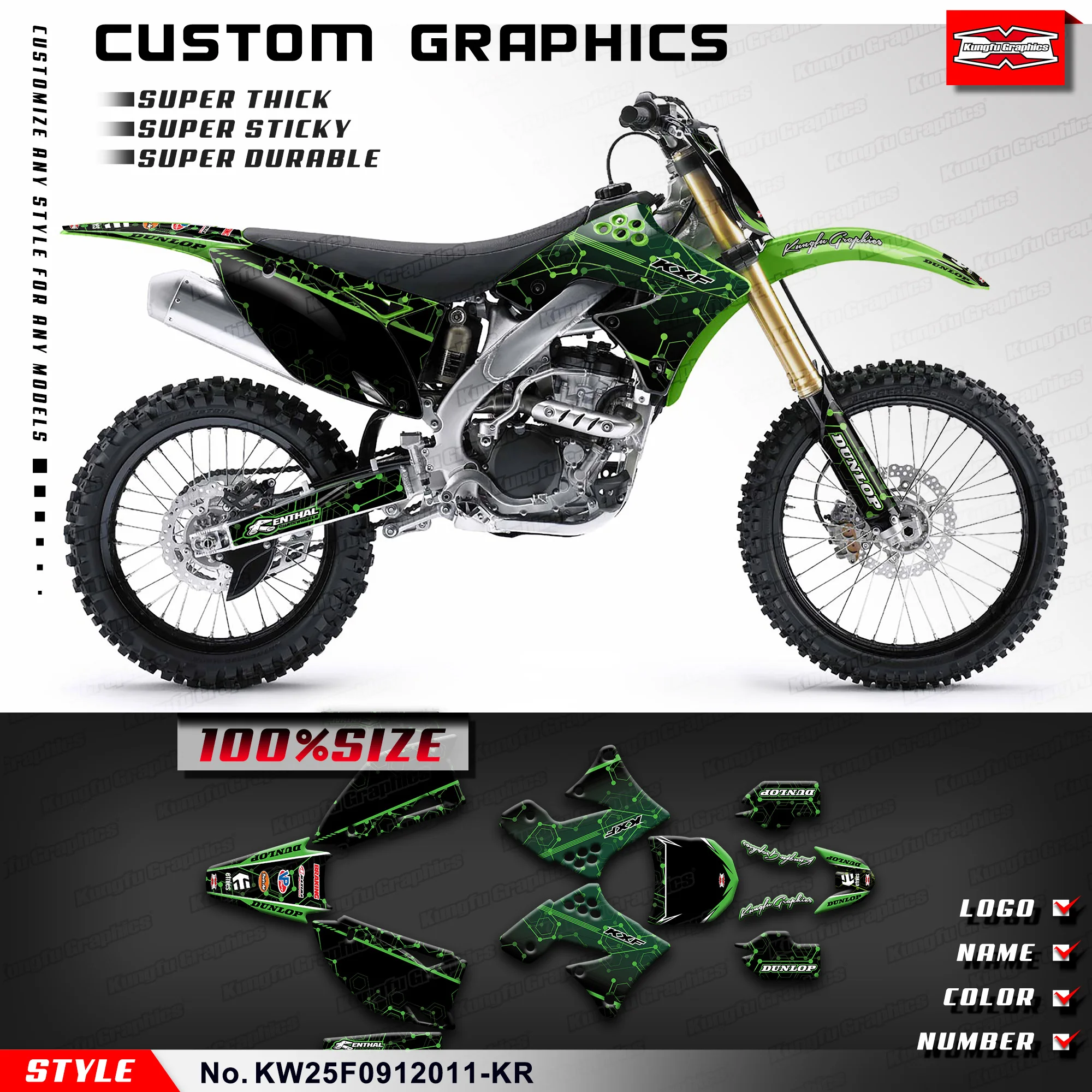 

KUNGFU GRAPHICS Adhesive Decals Wrap Sticker for Kawasaki KX250F KXF250 2009 2010 2011 2012, KW25F0912011-KR