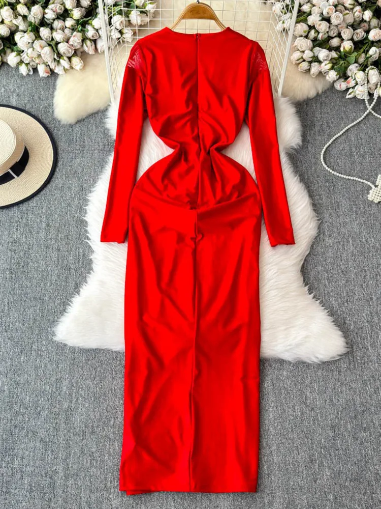 EWQ Luxury Evening Dress Deep V Right Diamond Buckle Slit Red Dresses Female Elegant Party Clothing 2025 Spring New 27X1857