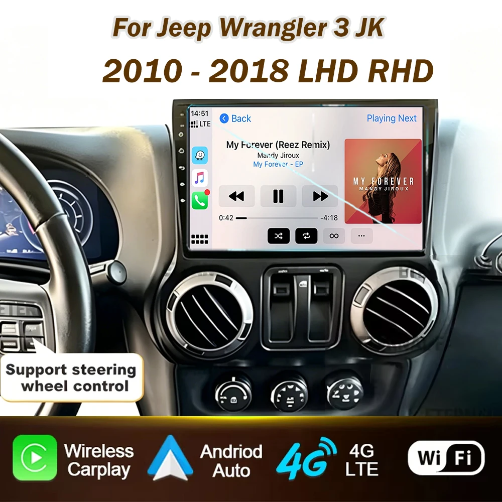 Rádio do carro android para jeep wrangler 3 jk 2010 - 2018 carplay auto multimídia player navegação gps 2din dvd unidade principal estéreo 4g
