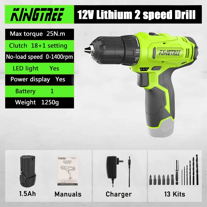 12V Lithium 2 Speed Drill Multifunctional Gear Adjustment 10mm Double Sleeve 13.5V 1.0A Charger Drills Electric Home Diy Tools