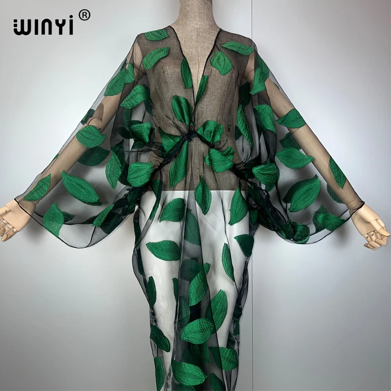 WINYI Sommer Hohe Gabel sexy Perspektive Kleid Boho Kleid Frauen Kaftan Böhmen Afrika Kaftan Strand Cover Up Dubai Abaya