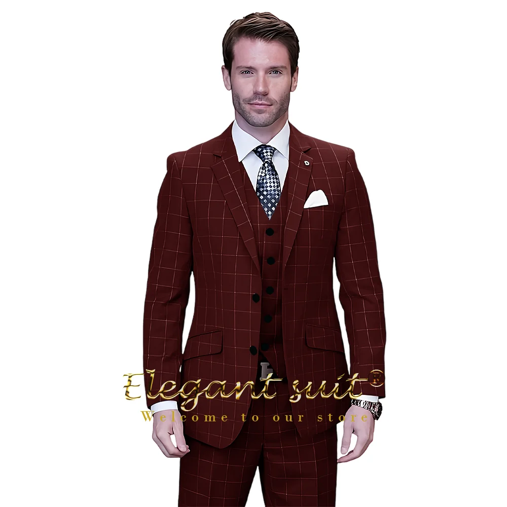 Men's plaid 3-piece suit (jacket + trousers + vest) custom fashionable and elegant wedding party cocktail party evening dress