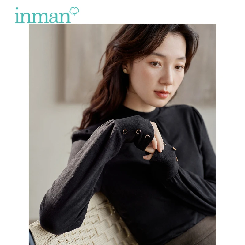 

INMAN Women Tees 2023 Winter Long Sleeve Half High Collar Slim Fit T-shirt Decorative Cuffs Basic Versatile Four Colors Tops