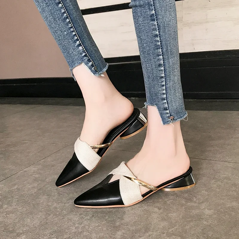 2024 Summer New Classic Mules Shoe Women Slides Pu Leather Cover Toe Outdoor Slipper Square Heel Ladies Pointed Toe Half Slipper