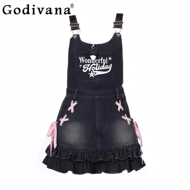 

Y2k Cool Girl Personality Vintage Embroidery Short Strap Dress Summer new Sweet Ruffles High Waist Age-reducing Denim Dresses
