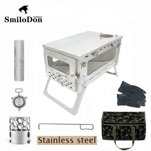 Smilodon-Folding Stainless Steel Firewood Stove Portable Camping Tent Stove with Chimney Wood Burner Furnace Tourism Brazier
