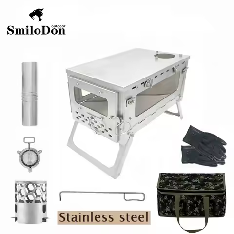 Smilodon-Folding Stainless Steel Firewood Stove Portable Camping Tent Stove with Chimney Wood Burner Furnace Tourism Brazier