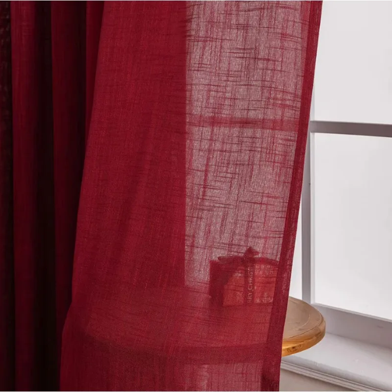 American Style Homestay Red Linen Gauze Wine Red Retro French Door Curtain Living Room Bedroom Balcony Curtain