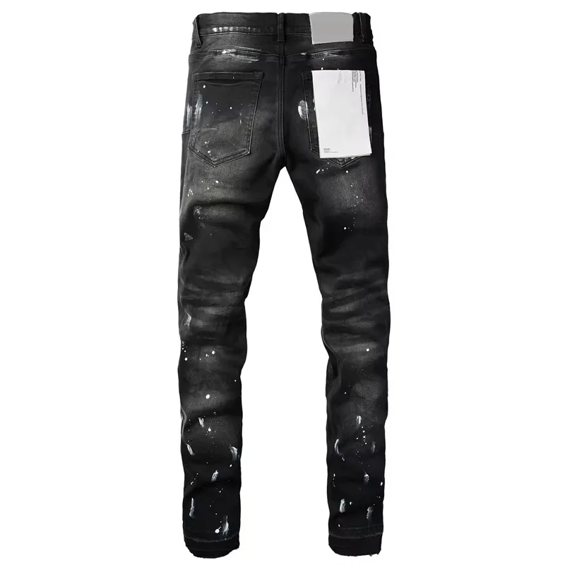 High Street Classic Black Inkjet Purples Jeans Men\'s Streetwear Stretch Slim Denim Long-pants Hip Hop Casual Trousers