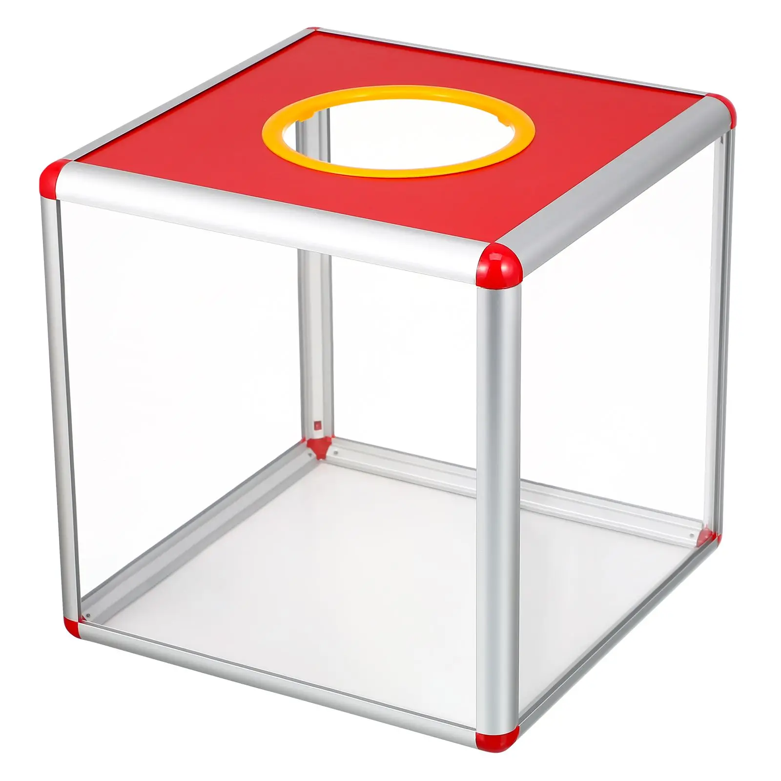 Raffle Prize Box Transparent Red Lottery Voting Donation Suggestion Metal Container Square Office Party Game