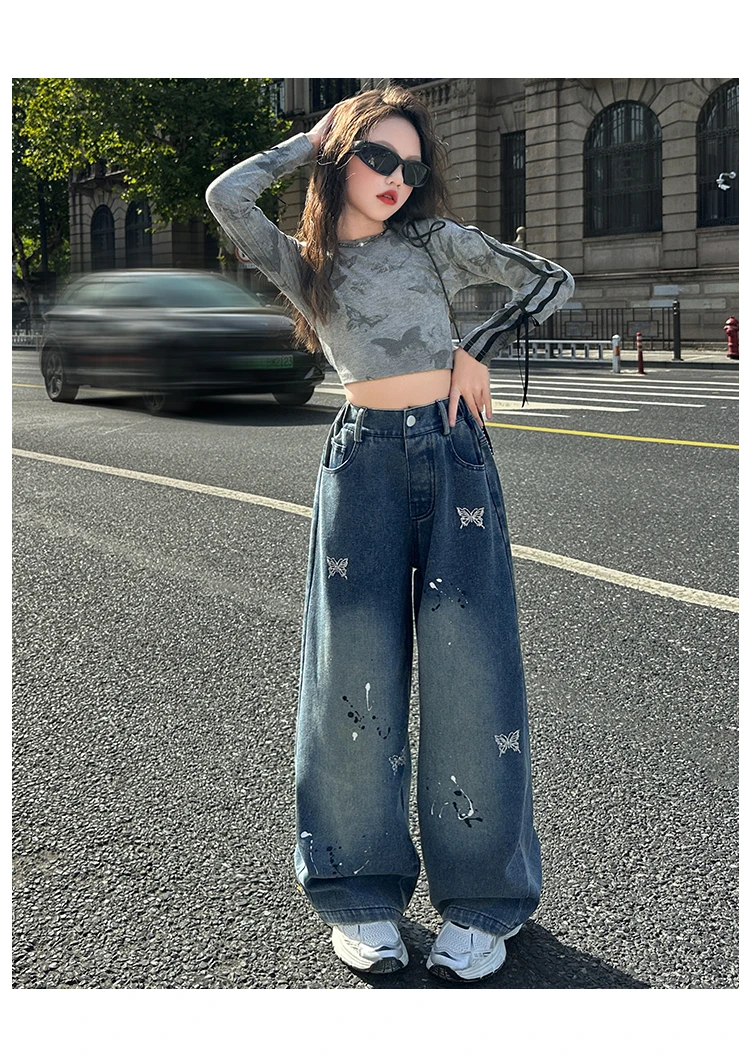 Neue Kinder-Modejeans mit Schmetterlingen für Mädchen, Stylische Gerade Denim-Hosen, Kinder-Teenager-Jeans im Loose-Stil – Detail 4