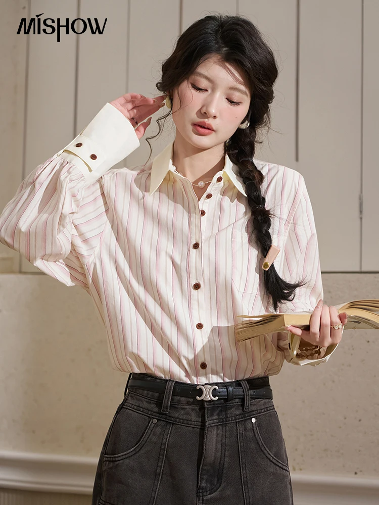 MISHOW 100 Cotton Striped Shirt Women 2024 Spring Retro Loose Pocket Polo Neck Resin Buckle Single Breasted Loose Top MXD14C0222