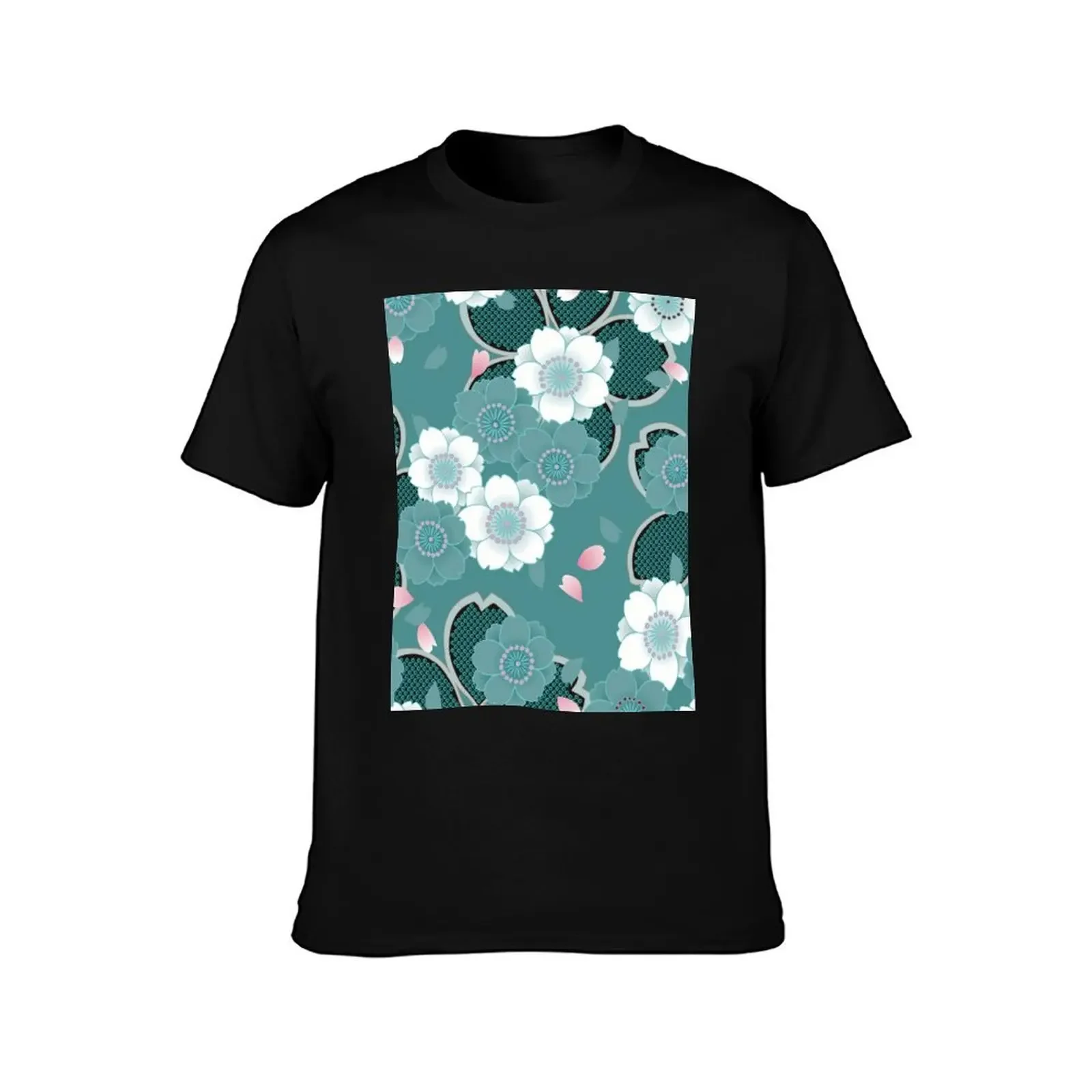 Pink White Teal Floral Japanese Sakura Kimono Pattern T-Shirt Louboutins quick-drying heavyweight t shirts for men