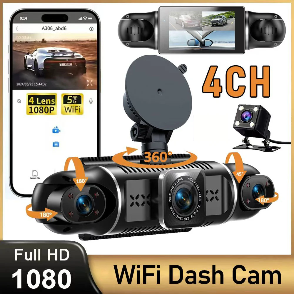 4-Channel Dashcam WiFi Connectivity, Quad-Screen Display Dashcam Black Box Driving DVR Full HD 1080P Night Vision Loop Recording