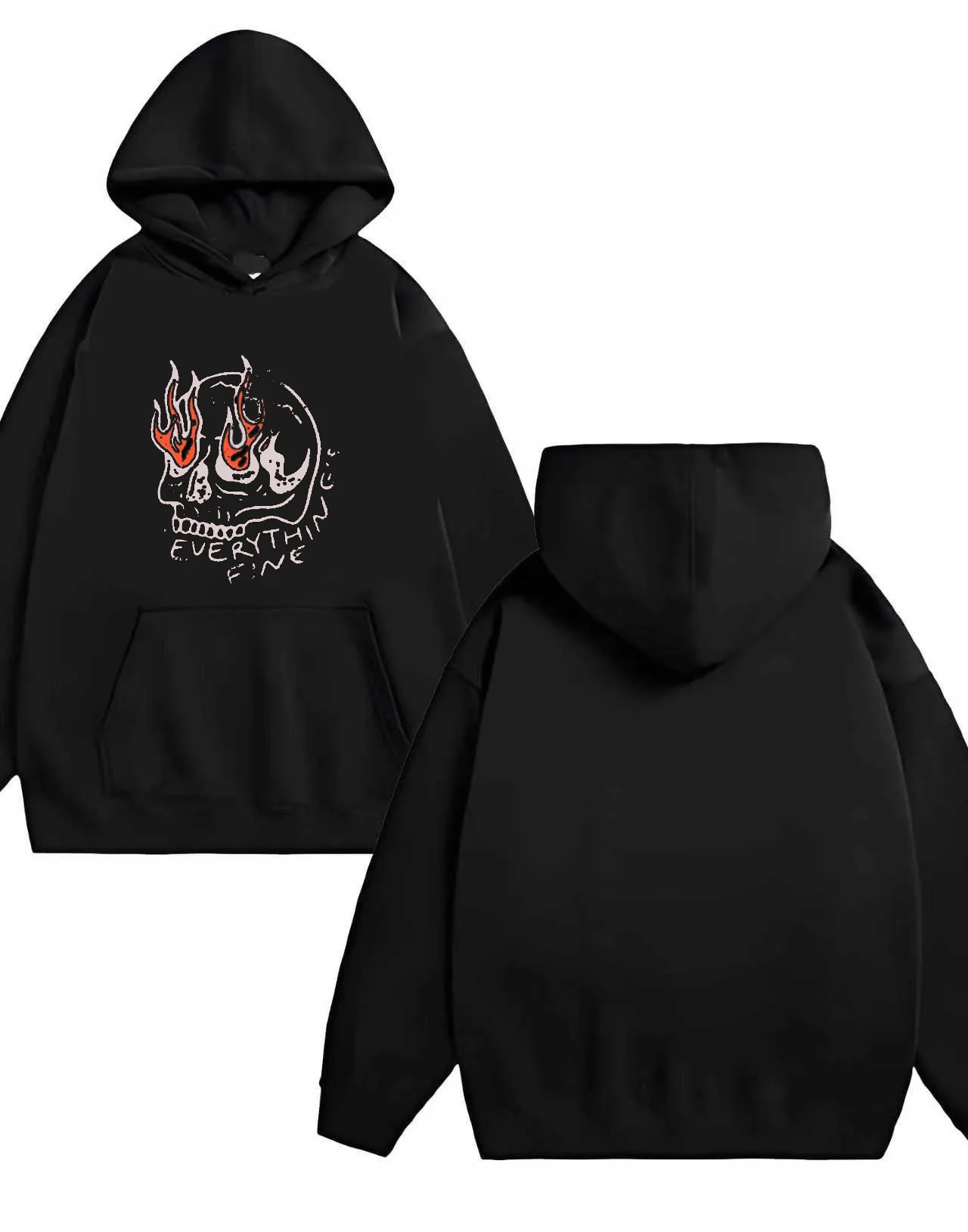 The 2025 new trendy 330G heavy-duty hooded sweatshirt with skull fire print is suitable for both men and women