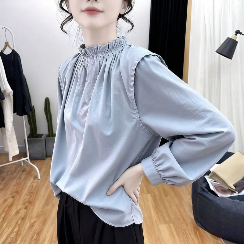 Women Ruffled Stand Collar Long Sleeve Blouse Spliced Loose Casual Pullover Top Autumn