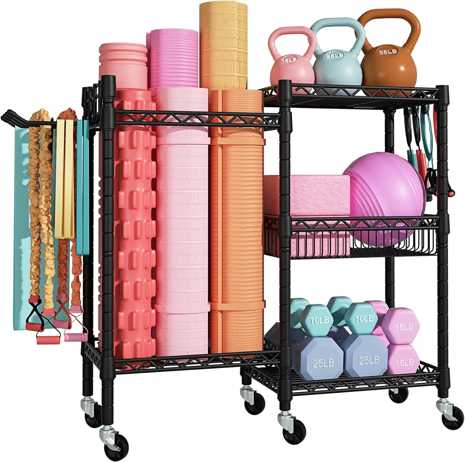 

Gym , 3 Tiers Workout Equipment Organizer with Wheels for Yoga Mats, Foam Roller, Dumbbells, Kettlebells, and Resistance Bands