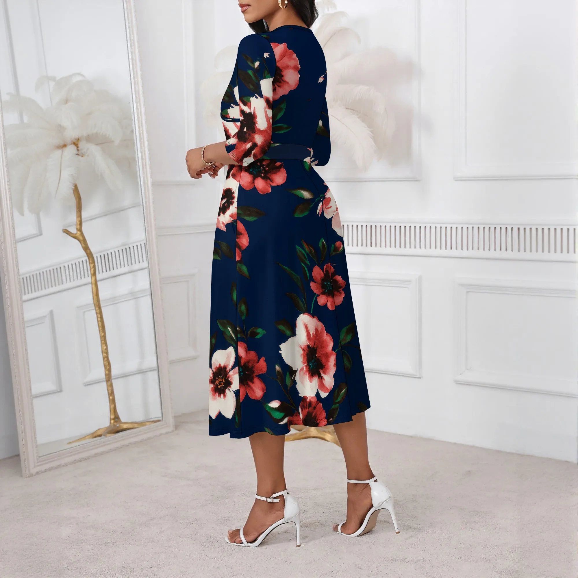 ชุดเดรส Midi สําหรับผู้หญิง 3/4 แขน V คอเอวสูง Casual A-Line Flowy Wrap เข็มขัดอินเทรนด์พร้อมกระเป๋าค็อกเทลปาร์ตี้ชุด
