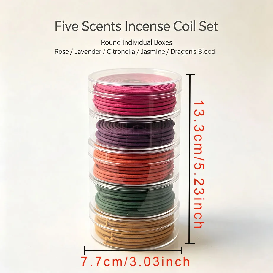5 Types of Incense Coil Set with Separate Transparent Packaging, Long-Lasting Gentle Fragrance, Suitable for Bedroom, Tea Room,