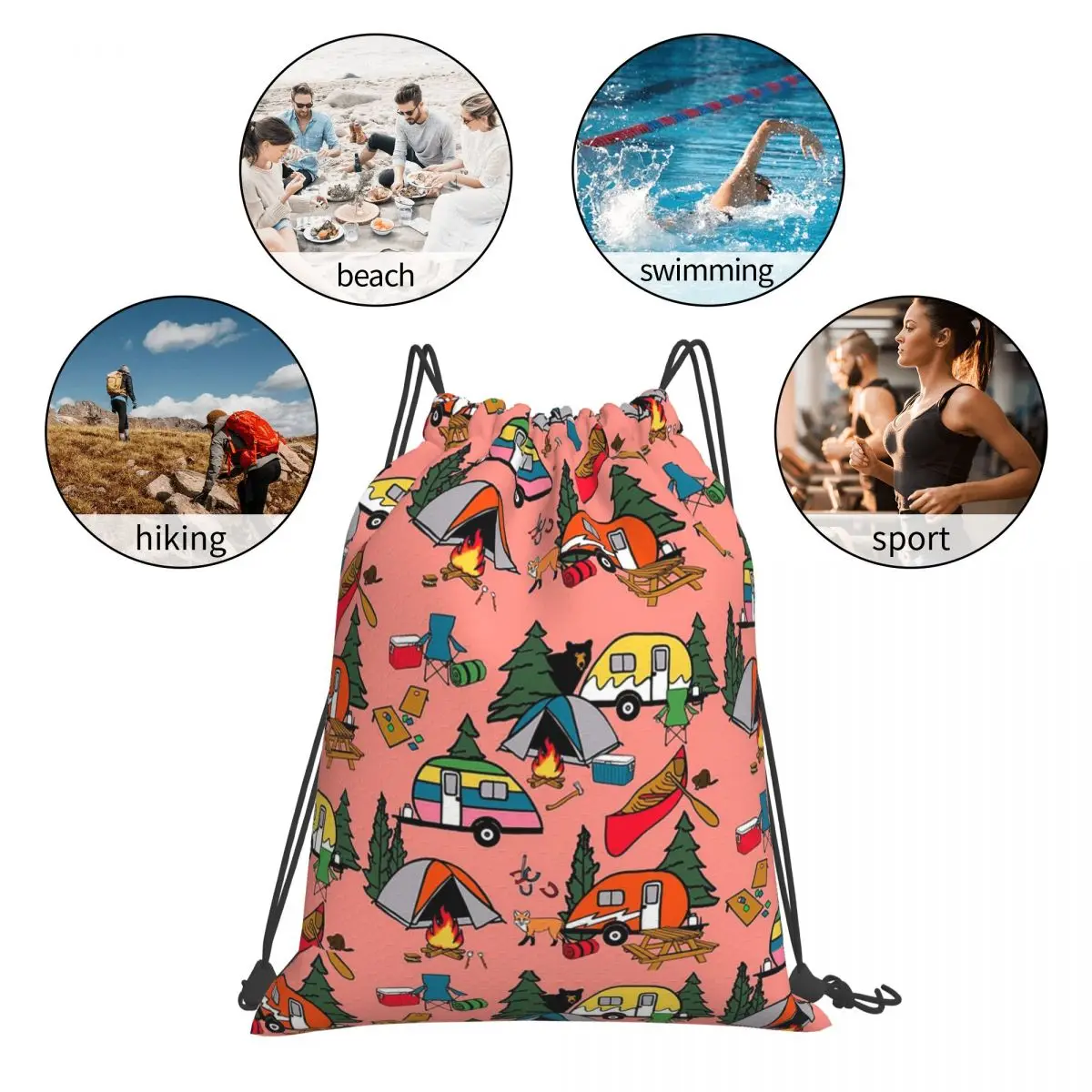 キャンプライフオンサーモンピンクバックパックカジュアルポータ​​ブル巾着バンドルポケット収納袋ブックバッグ男性女性学校
