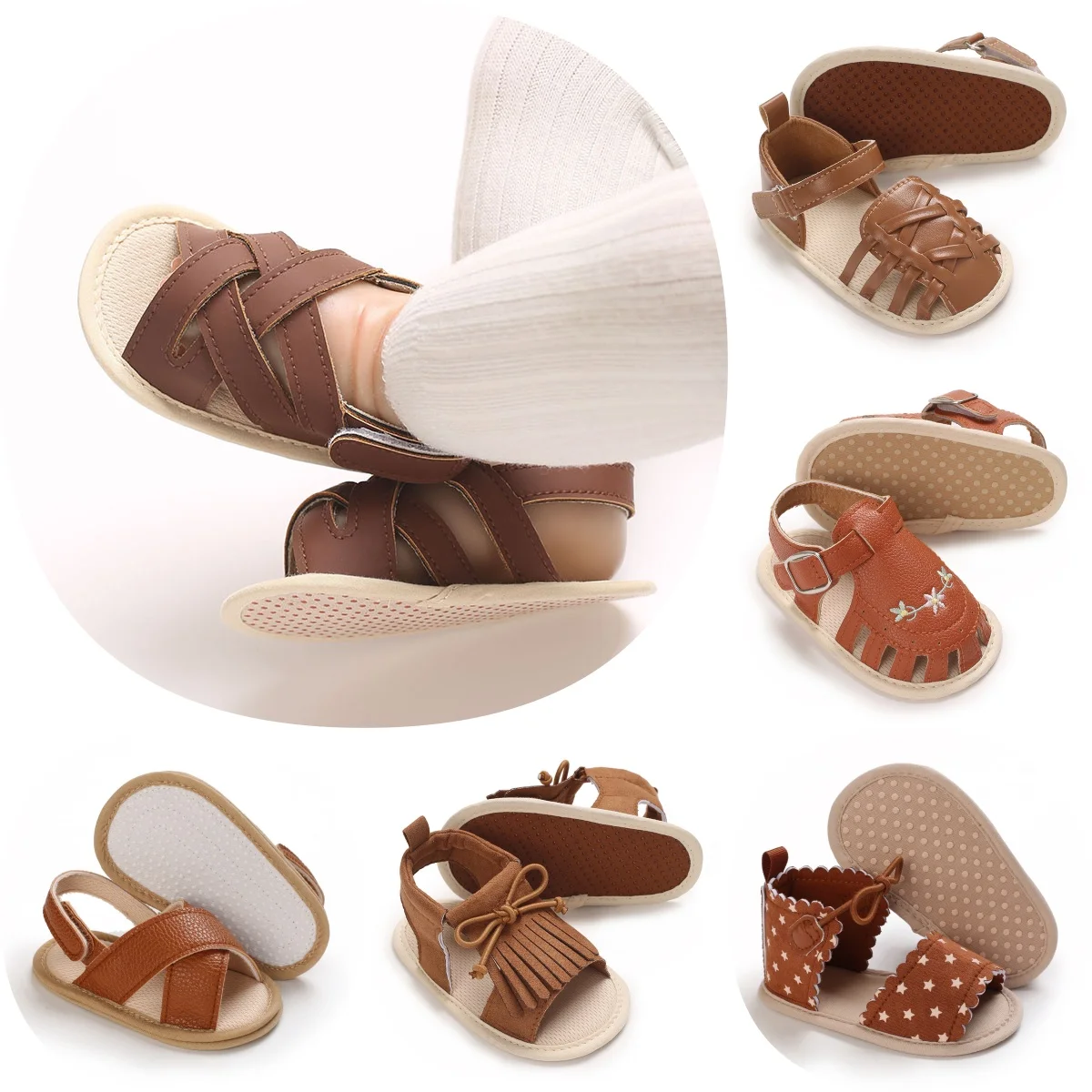

Brown Summer 0-18M Newborn Sandals WIth High-Quality Soft Fabric Sole Anti Slip And Breathable Baby's First Pair Of Walking shoe