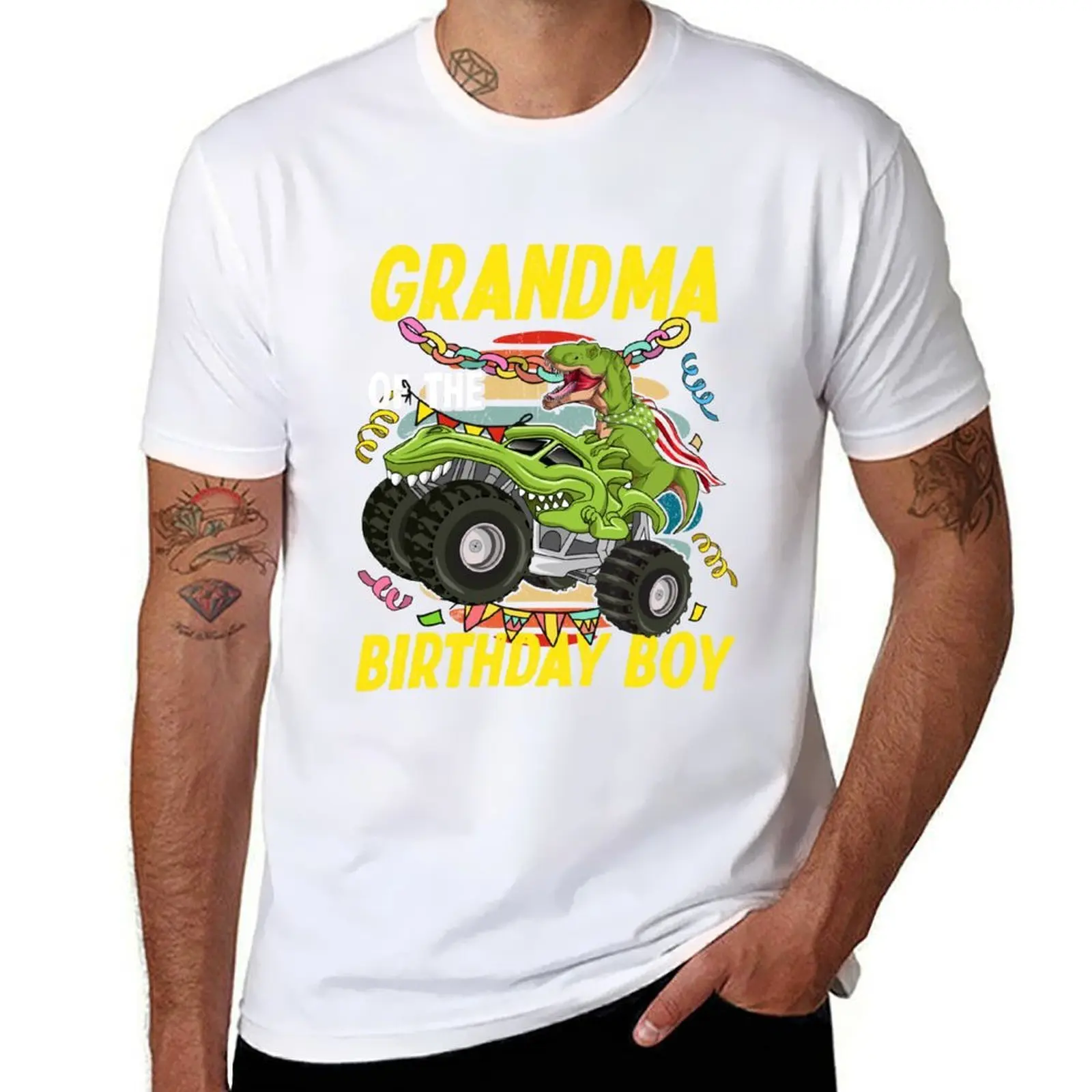 

Grandma Of The Birthday Boy Cool T-Rex Riding A Monster Truck T-Shirt mens graphic t shirts T-Shirt