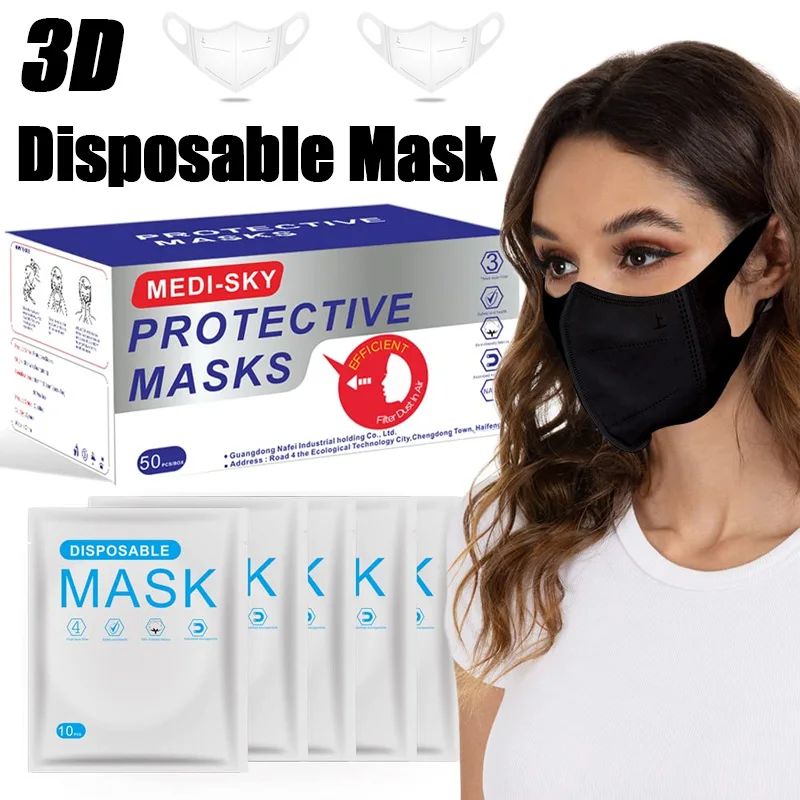 

Медицинская 3D-маска Medi-sky для взрослых, с эластичными тканевыми ушными петлями, дышащая, в индивидуальной упаковке, 50 шт., черная