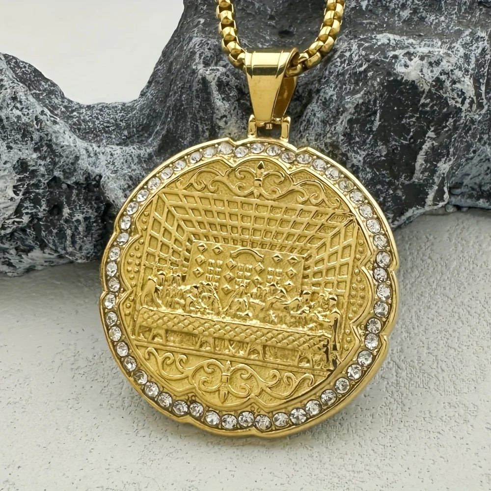 GREPPN Last Supper Pendant Necklace For Men 316L Stainless Steel Golden Vintage Pattern Rhinestone Religious Jewelry