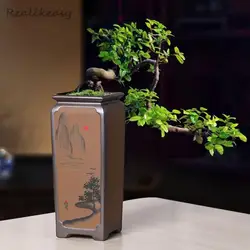 Chinese Purple Sand Orchid Flower Pot Ceramic Home Indoor Desktop Classical Landscaping Pot Semi-Handmade Square High Flower Pot