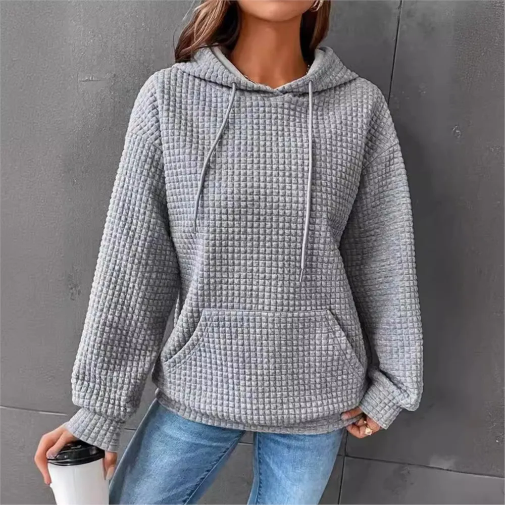 

Новая осенне-зимняя толстовка из вафельной ткани с длинными рукавами, женский топ, модная толстовка с капюшоном, свободная футболка с карманами, универсальный женский топ 2025