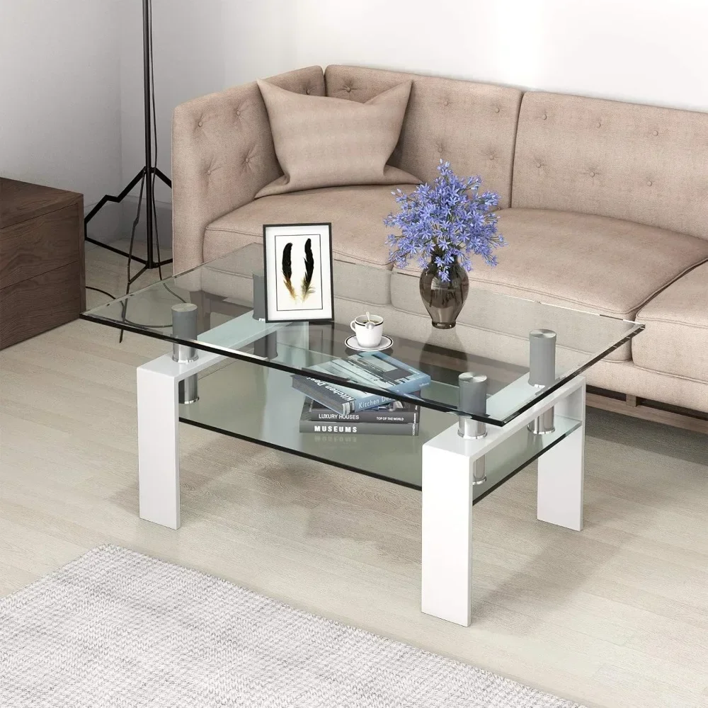 Rectangular Glass Coffee Table, Modern Side Coffee Table w/Lower Shelf, Tempered Glass Tabletop & Metal Legs