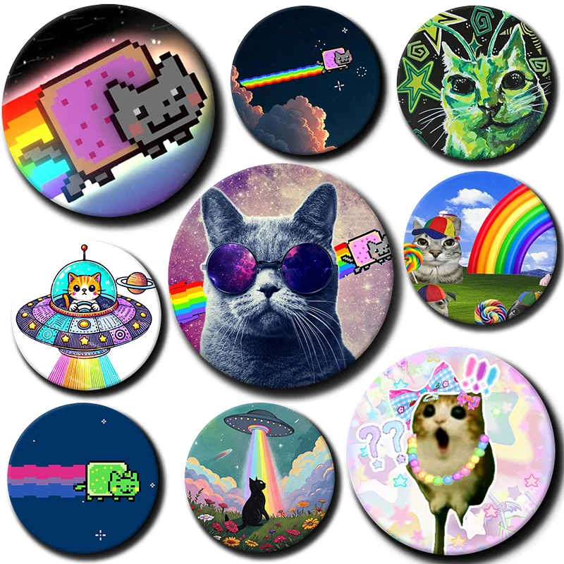 1PC Cartoon Science Fiction Badge Cute Funny Rainbow Alien Cat Button Pins Backpack Clothing Decor Brooch Jewelry Gifts for Kids