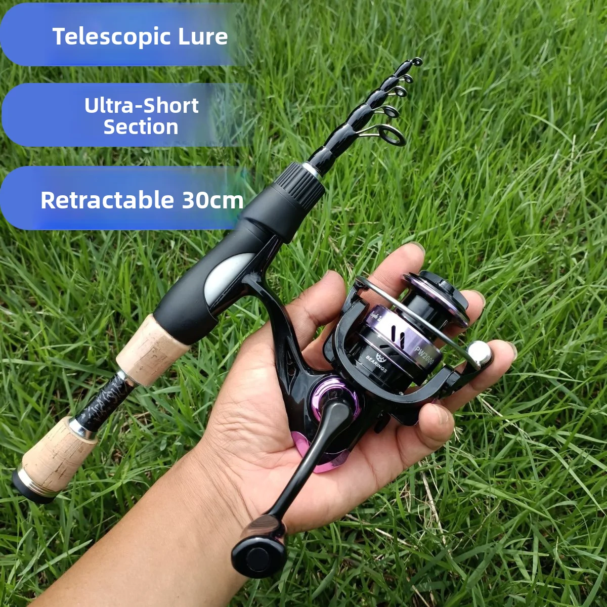 قصبة صيد محمولة فائقة القصر قابلة للطي بطول 30 سم مع تعديل سريع ومقبض مستقيم متعدد الاستخدامات مصنوعة من الزجاج والفولاذ