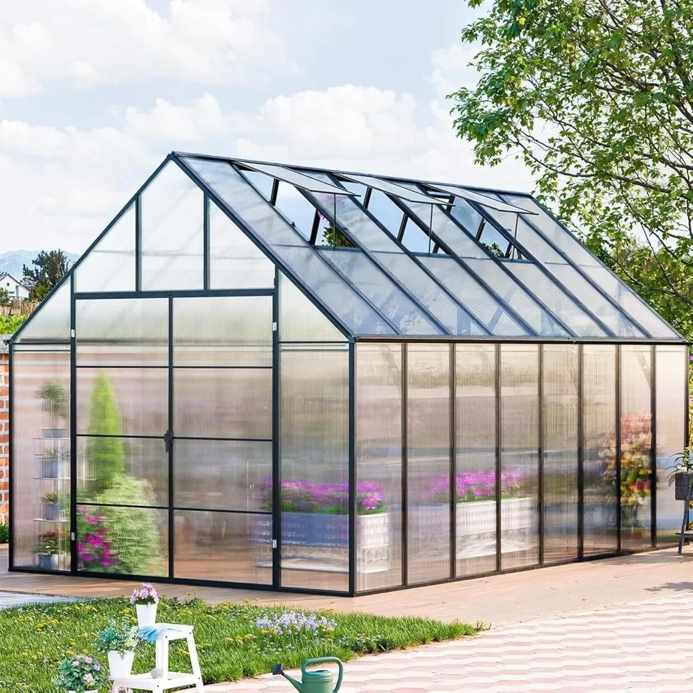 

16.5x10.2 FT Greenhouse with 3 Vents Window, Swing Door, Easy Assembly, Large Polycarbonate Aluminum Walk-in Greenhouse