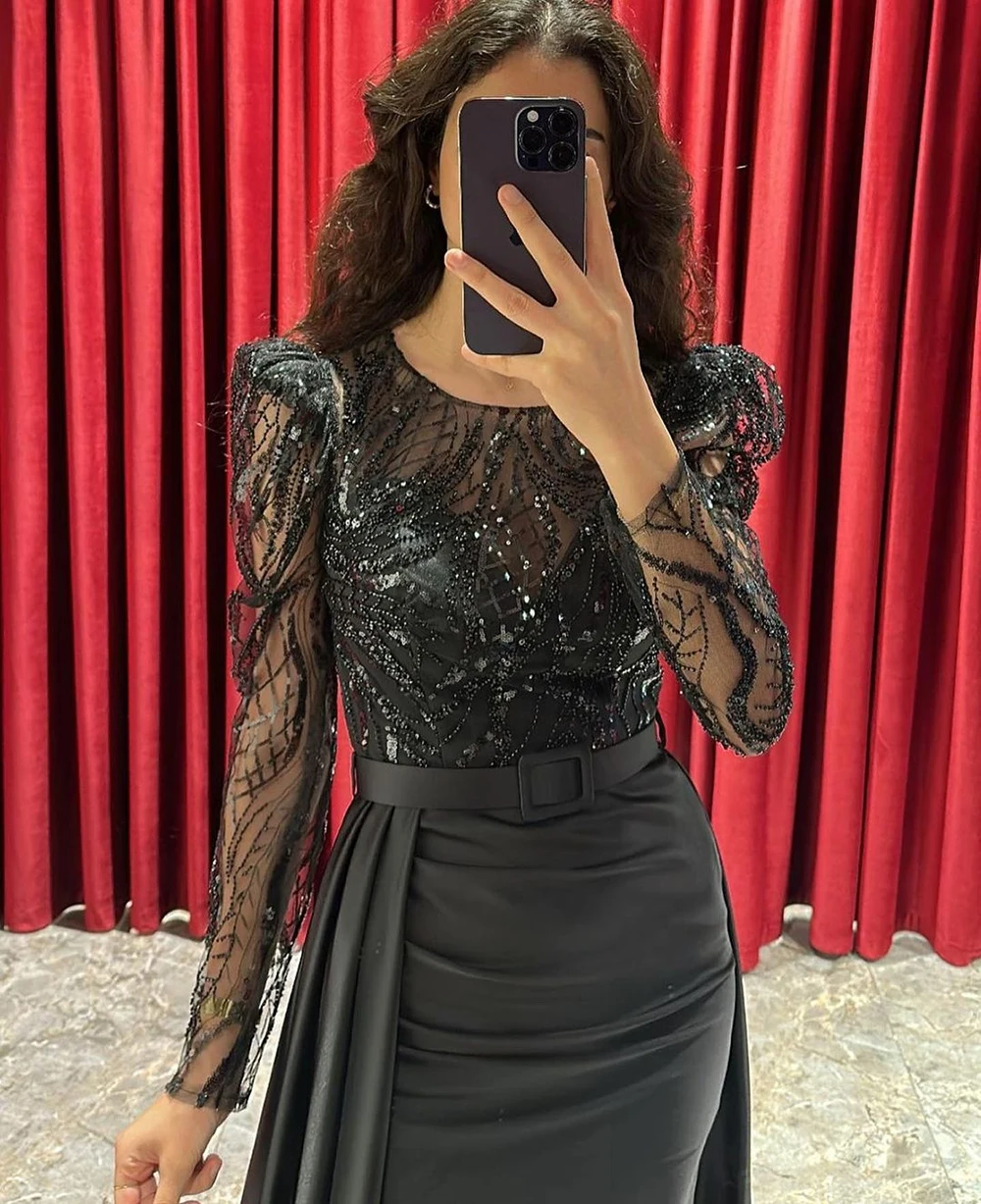 Verngo Long Sleeves Sequined Party Gown Side Slit Sexy Dresses For Women Belt Draped Train O-neck Saudi Arabia Evening Dresses