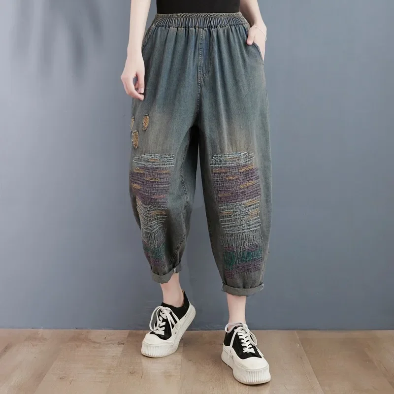 

MOJY New Arrival 2024 Spring Autumn Arts Style Women Elastic Waist Cotton Denim Harem Pants Vintage Embroidery Loose Jeans P118