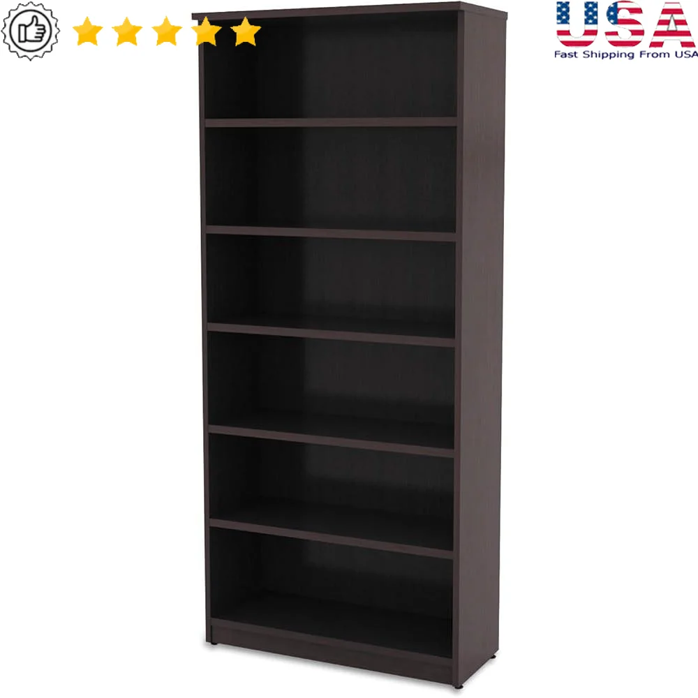 Contemporary 6-Shelf Bookcase Adjustable Shelves Woodgrain Laminate Construction Commercial Grade Office Study Room Storage