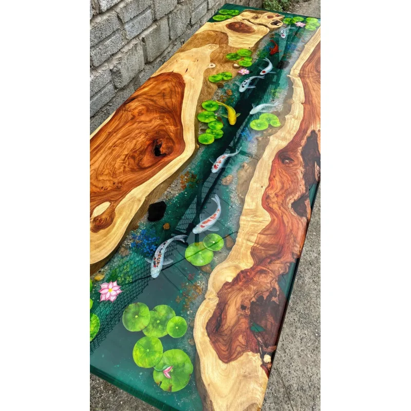 custom.Custom Handmade Epoxy Resin River Table with 3D Koi Fish and Design | Solid Wood Artistic Dining Table
