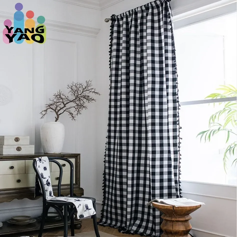 

Black and White Plaid Curtain Cotton Linen darpes with Tassel American style deco Curtain for Bedroom Bay Window Curtain