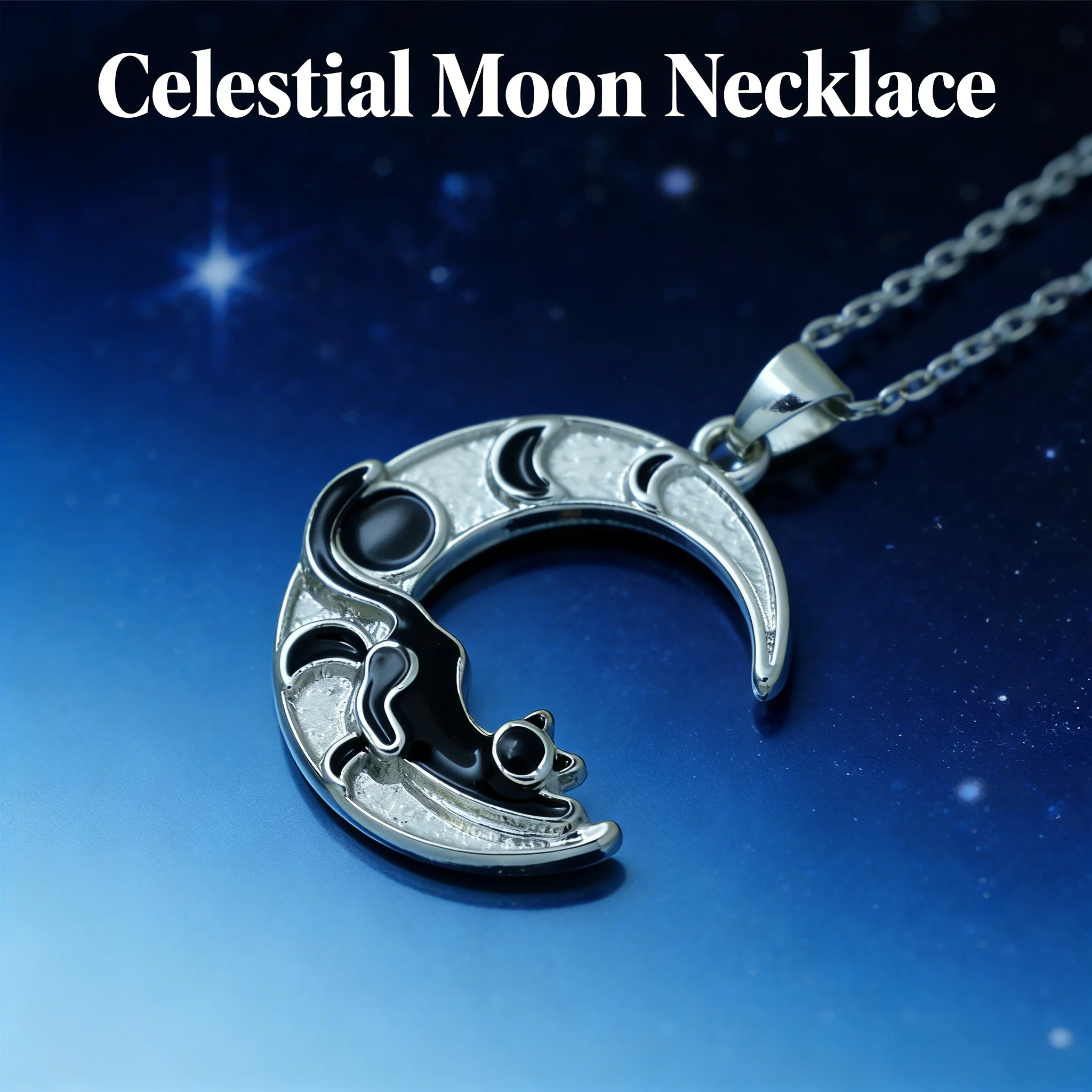 Zinc Alloy Black Enamel Cat Moon Phase Pendant Necklace Cute Gothic Jewelry for Women Cat Lovers Daily Birthday Gift
