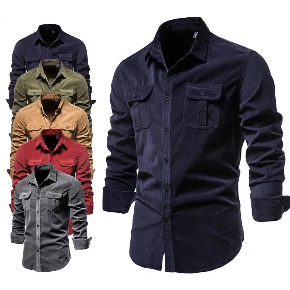 Stylish Men Shirt All Match Single-breasted Simple Slim Button Decor Spring Shirt  Winter Shirt Two Pockets