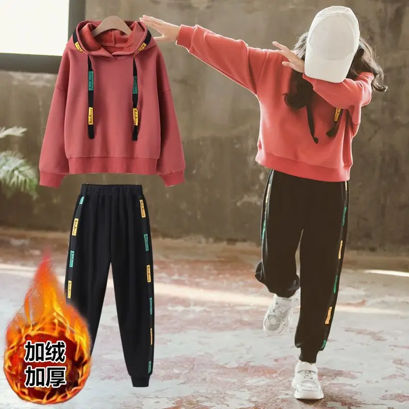 

Осенне-зимний комплект для девочек, новая детская толстовка с капюшоном для детей и девочек с флисовой подкладкой, утепленный зимний комплект из двух предметов, модная одежда