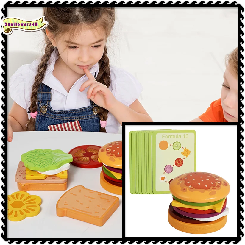 Wooden Hamburg Sandwich Stacking Toys For Toddlers And Kids Montessori Preschool Educational Toys Fine Motor Skill Kitchen Toy