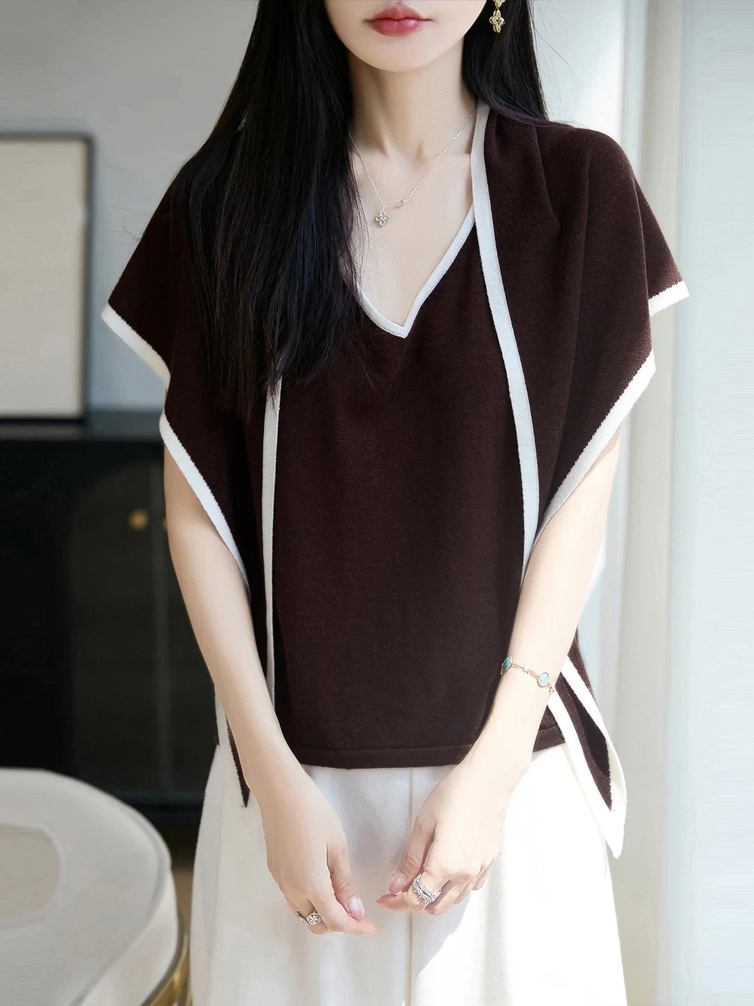 Pure Wool Knitted Scarf for Women with White  Vintage Style Versatile Neck Protection Knotting Design Soft And Breathable