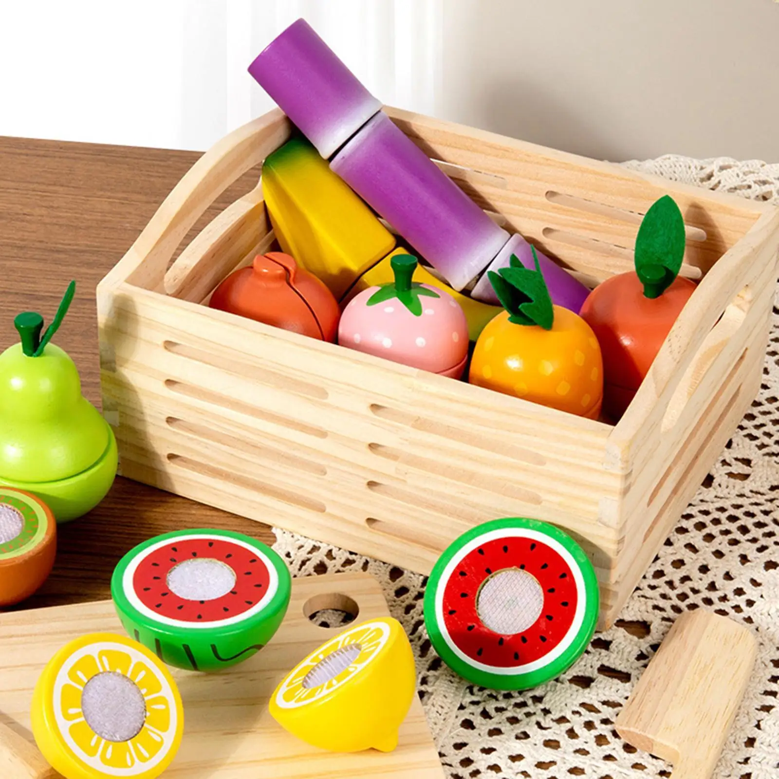 Juego de madera con comida, juego de simulación, regalo para niños y niñas, tabla de cortar de madera