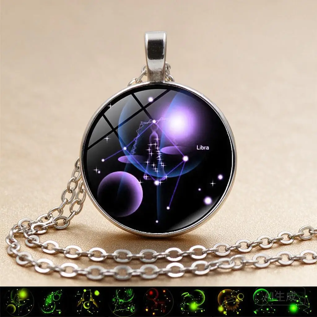 Glow In The Dark 12 Zodiac Constellation Time Gem Pendant Necklace For Women Vintage Style Versatile Sweater Chain Jewelry Gift