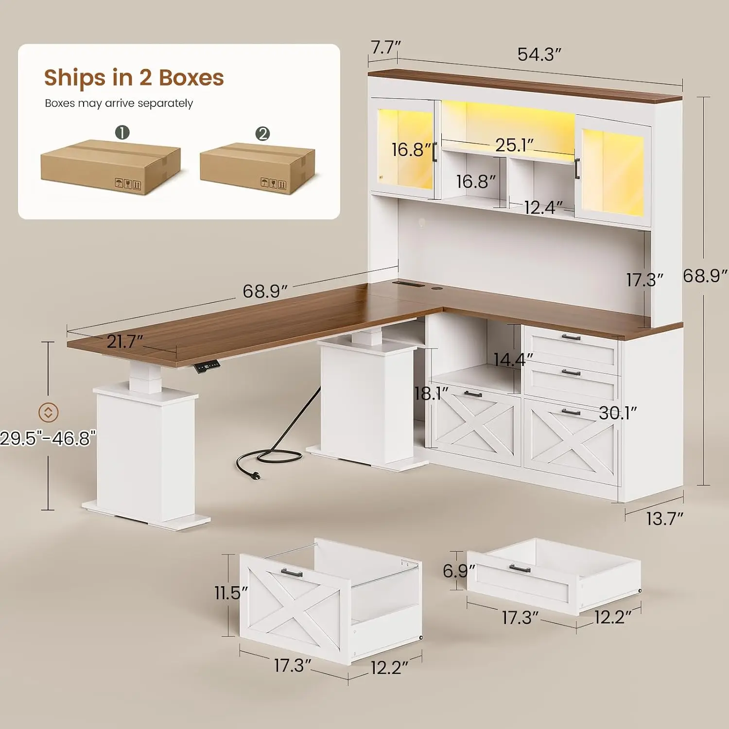 L Shaped Standing Desk with 4 Drawers & Detachable Bookshelf, 69