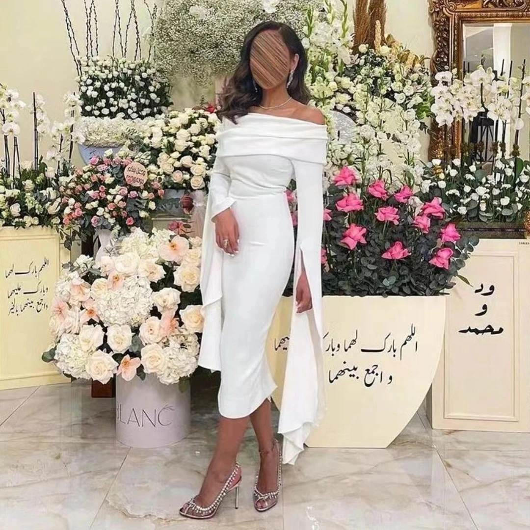 White Mermaid Dress Woman Long Sleeves Evening Dresses Off Shoulder Party Dress Gala Saudi Arabia Formal Dresses Customized