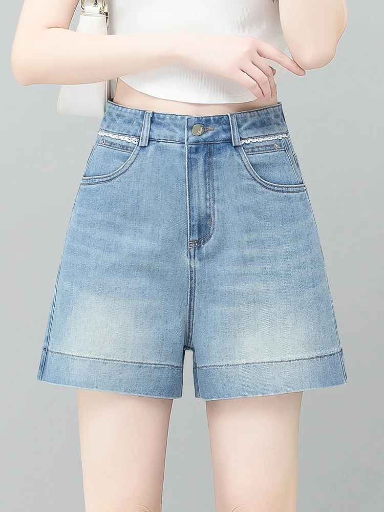 

Summer Thin High Waist A-Line Denim Shorts Women's Fashion plus Size Wide Leg Hot Pants Casual Cotton Blend Korean Style