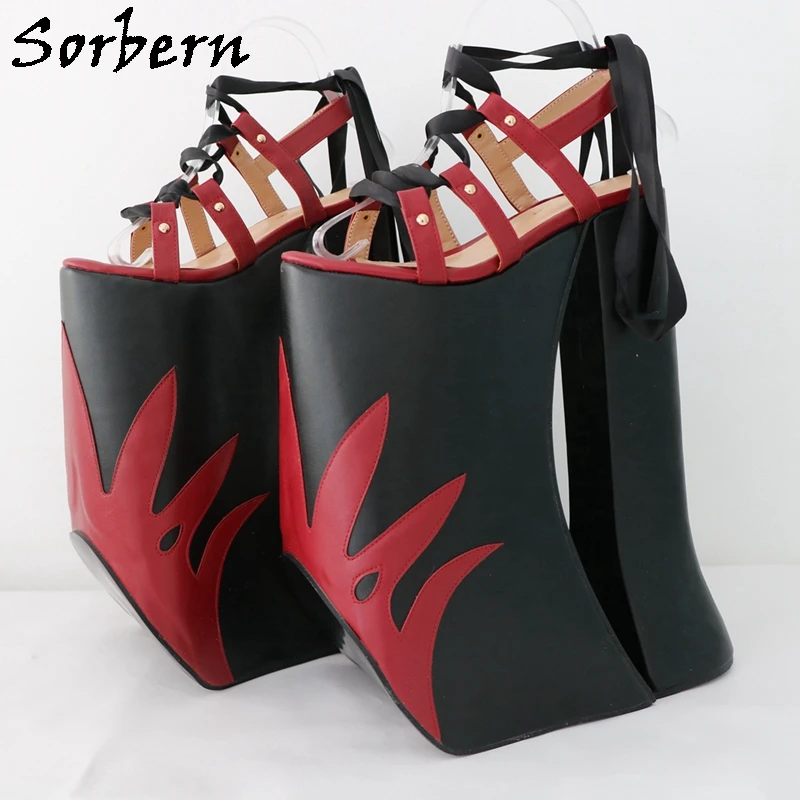 

Sorbern Wine Red Flames Women Sandals For Drag Queens Slingback Thick Block High Heels Wide Soles Hard Visible Special Platform